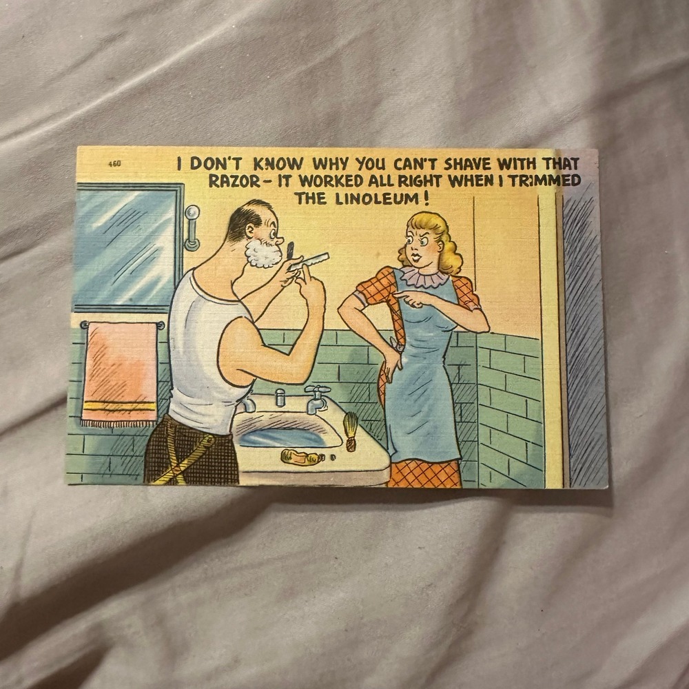 Vintage Tichnor Bros Linen Comic Postcard Shaving Humor Linoleum Ephemera 460